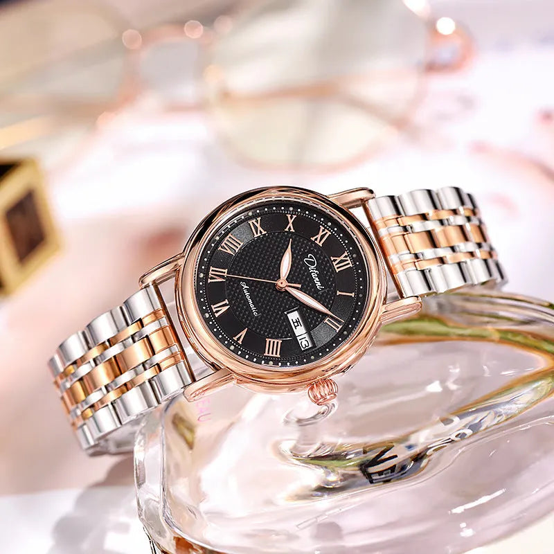 Women's automatic watch with 12mm case on stainless steel or leather strap, white or black dial