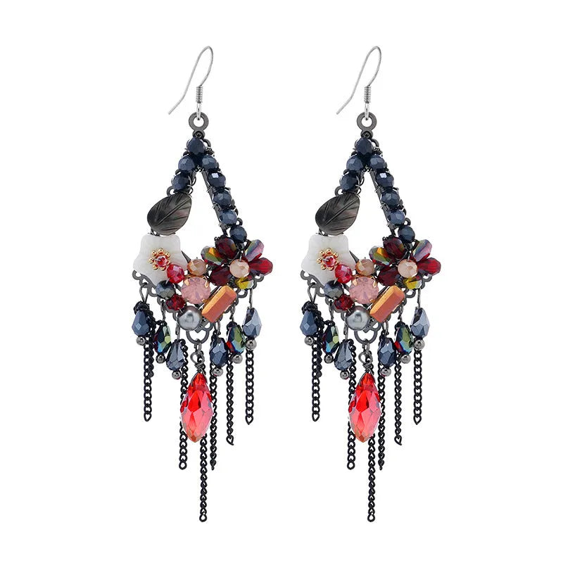 Bohemian style long earrings with hand-woven crystal details and alloy framework