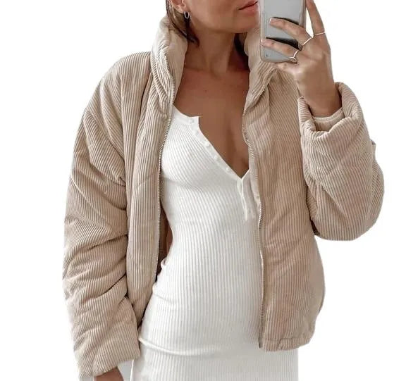 Apricot women's corduroy jacket with stand collar and full-length zipper