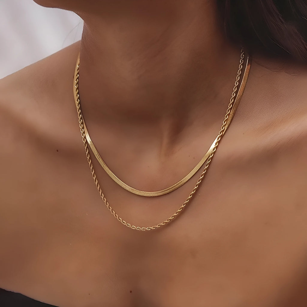 Women’s retro double-layer twist stainless steel necklace with geometric pendant, 21cm-50cm