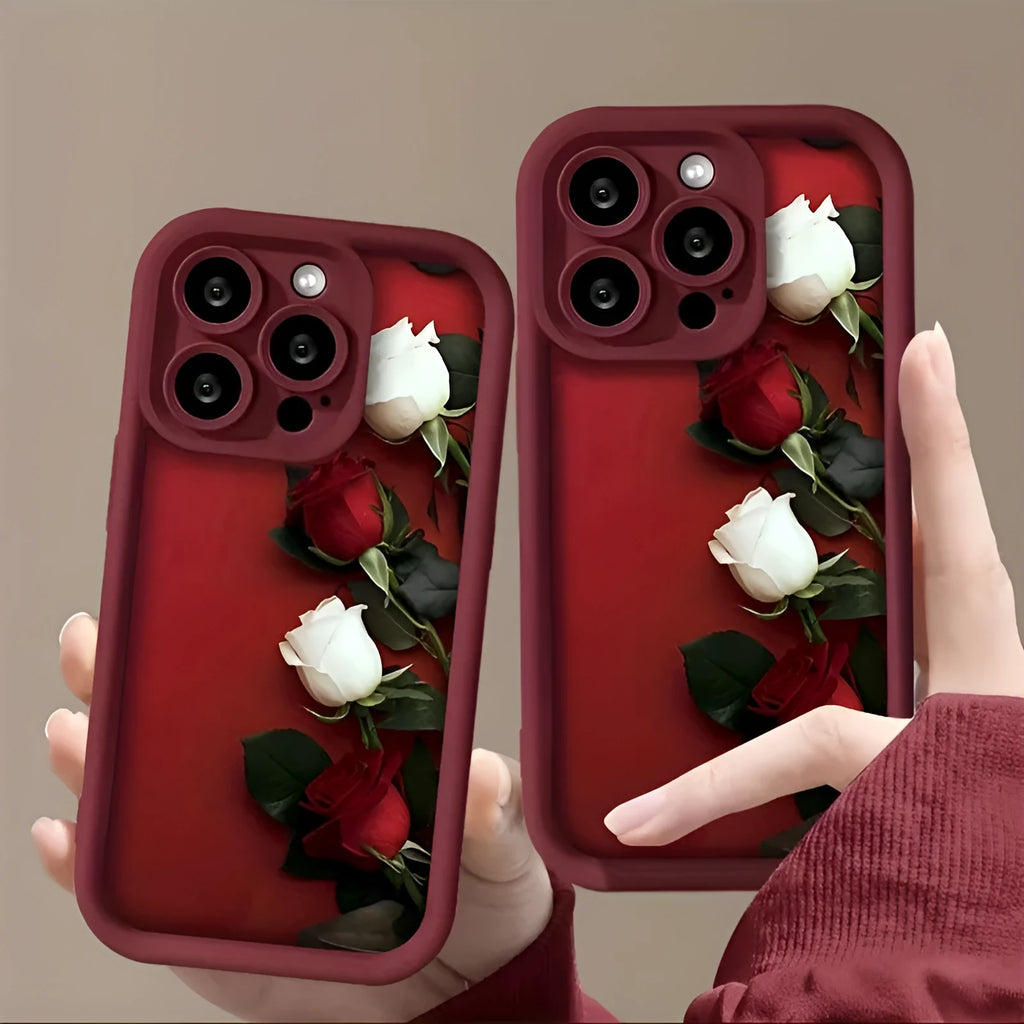 Frosted TPU phone case in wine red with white rose print for Apple iPhone