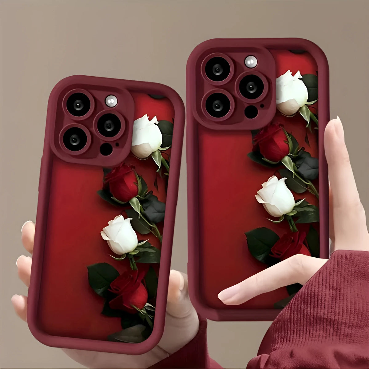 Frosted TPU phone case in wine red with white rose print for Apple iPhone