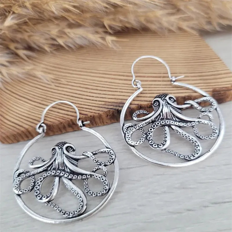 Vintage antique silver octopus earrings with electroplated finish