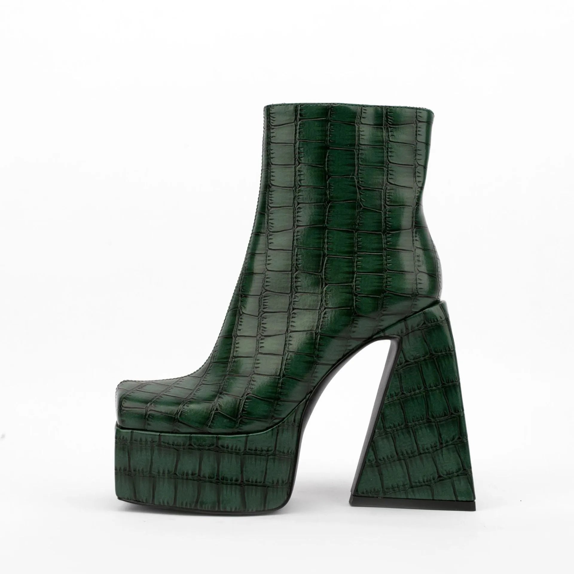 Women's super high heel ankle boots in red, green, black, beige, and brown colours with artificial PU upper.