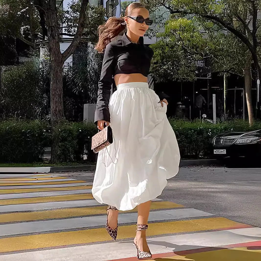 Women's solid colour cotton long skirt in white or black option