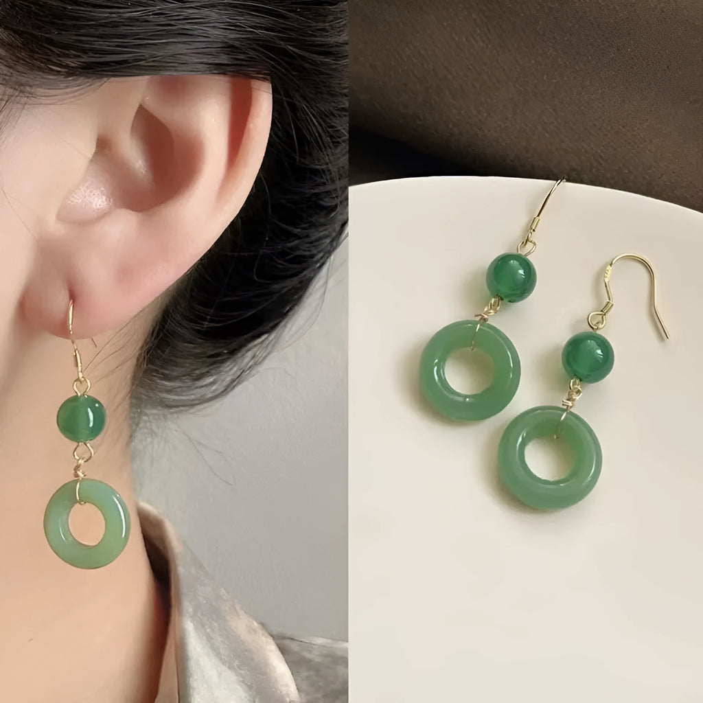 Green Chinese peace buckle earrings with geometric design and gold plating