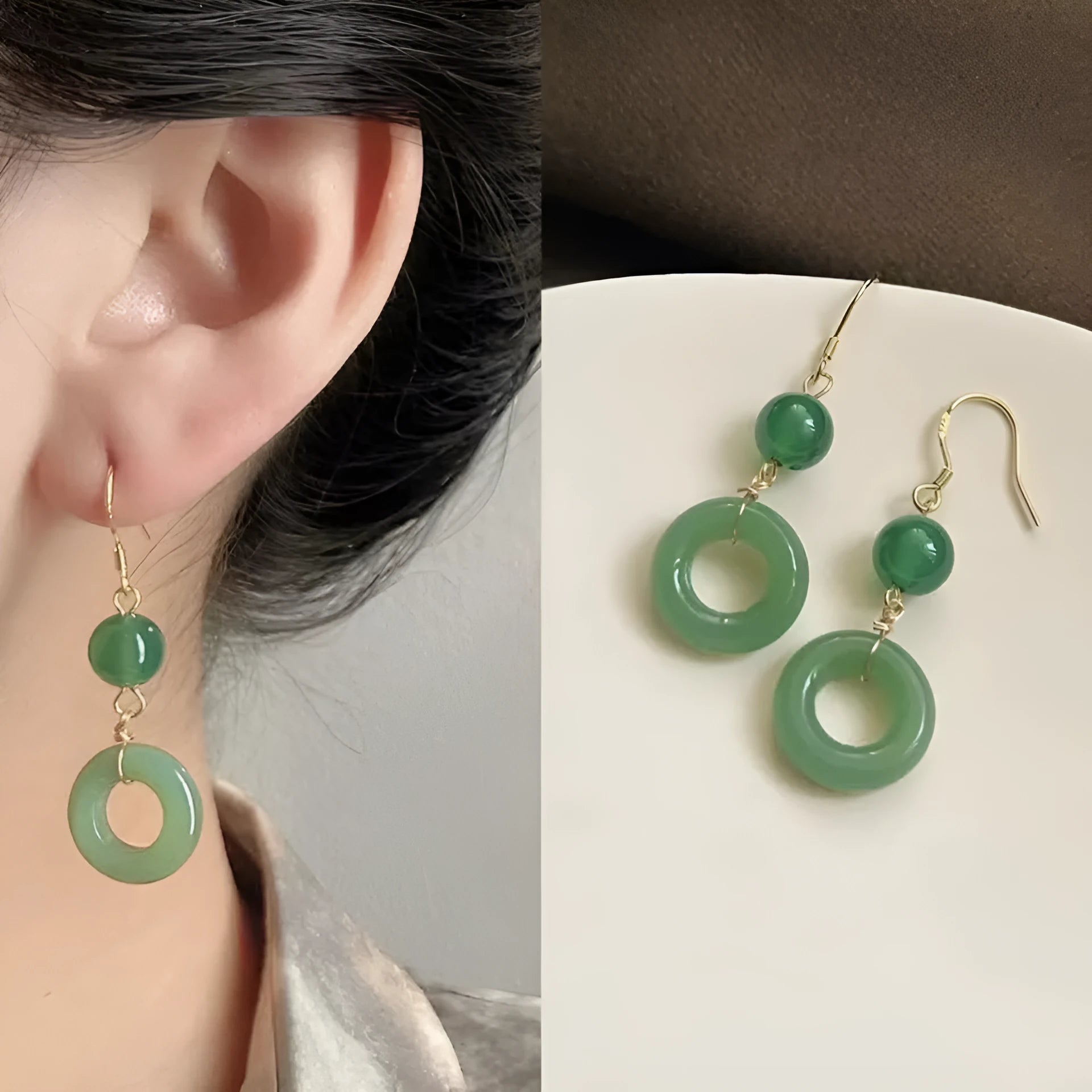 Green Chinese peace buckle earrings with geometric design and gold plating