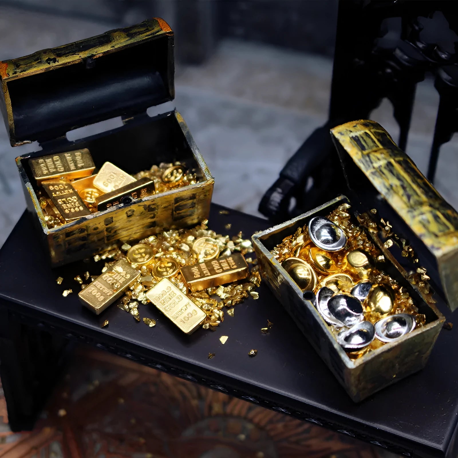 Miniature alloy gold coin and bar treasure box doll house accessories set.