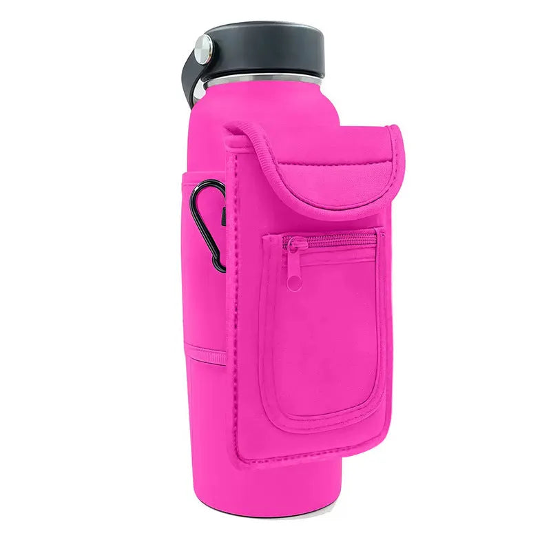 Fitness water bottle cover in cloth with a choice of magnetic clasp or carabiner clip in various colours.