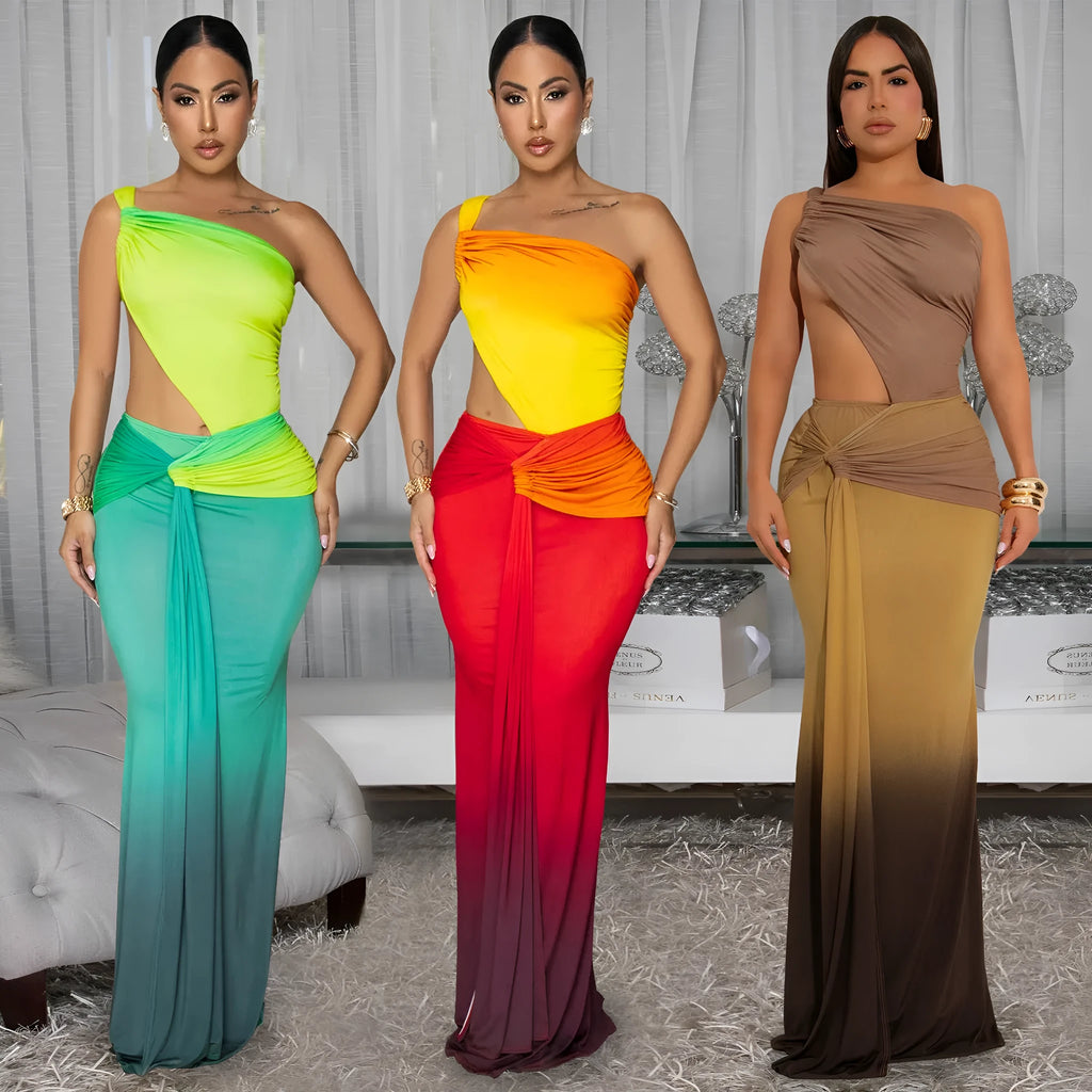 Long brown gradient maxi dress with a cross-shoulder neckline and high waist on a mannequin.