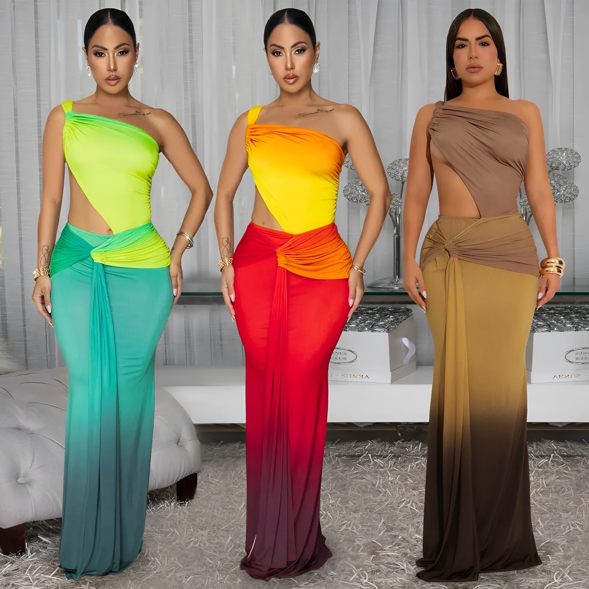 A woman wearing a green gradient oblique shoulder sleeveless long dress with a high waist.