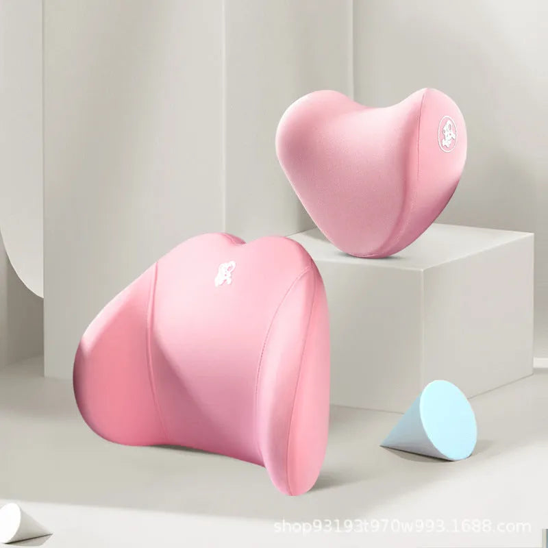 Heart-pattern memory foam car pillow set with headrest and lumbar support pillows in cotton cover