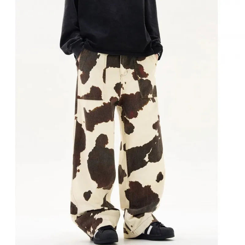 Men's casual trousers with retro cows pattern, straight-leg cut, and button fly opening