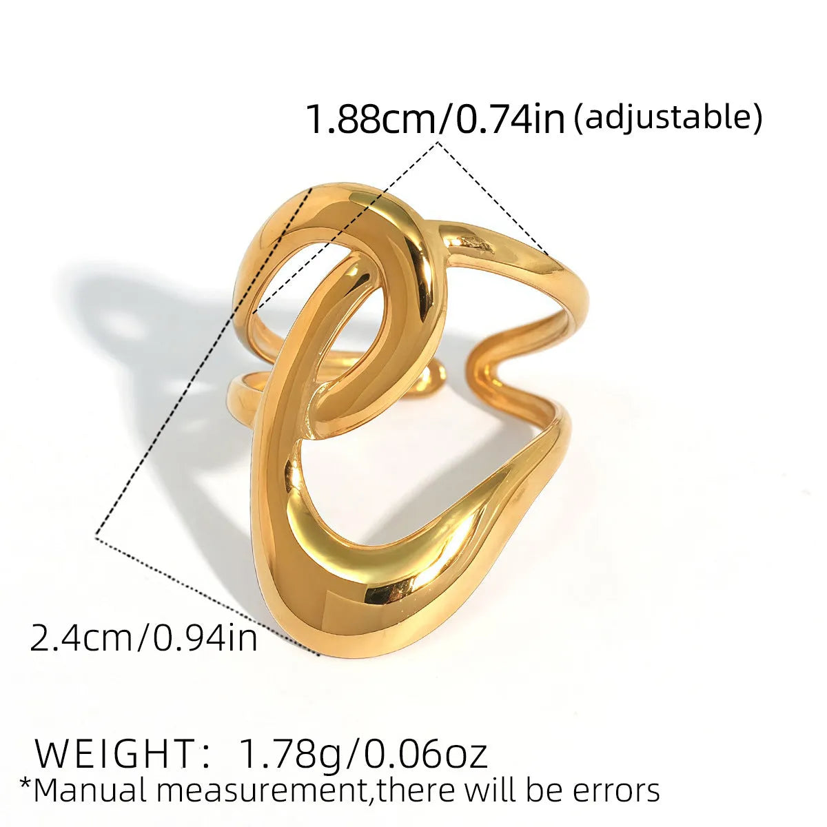 Geometric lines hollow out stainless steel ring with PVD gold plating on a neutral background