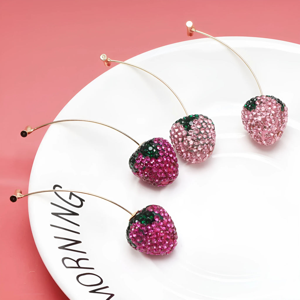 Geometric strawberry-shaped zinc alloy earrings with spot drill texture, shown in red finish with butterfly clasps.