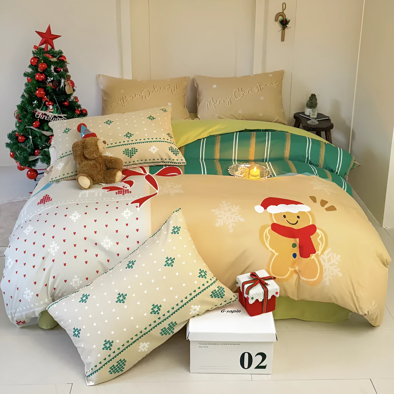 Christmas cartoon print bedding four-piece set on a bed, showing duvet cover and pillowcases in a festive pattern.