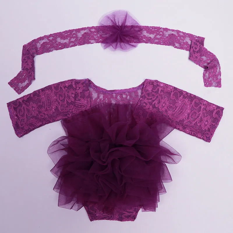 Newborn two-piece set with lace puff gauze skirt and flower headdress in pink, white, or purple