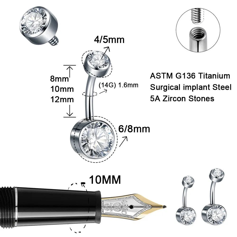 Titanium alloy navel stud with double zircon heads and internal thread in multiple colour options