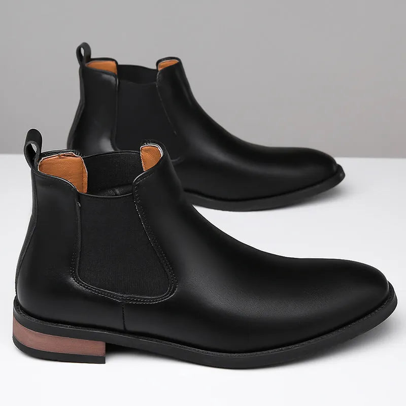 Men's black and light brown Chelsea boots with pointed toe and artificial PU upper