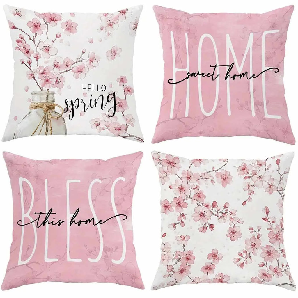 Square short velvet cushion cover with cherry blossom and letter design in four colour options.
