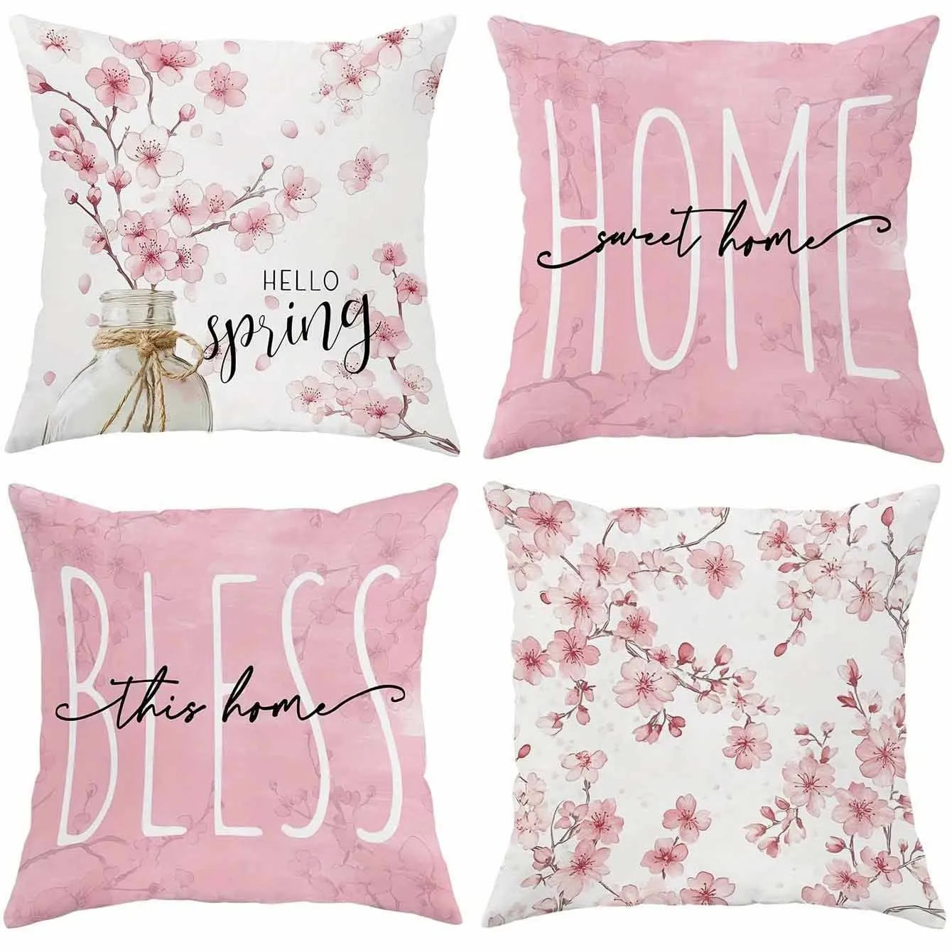 Square short velvet cushion cover with cherry blossom and letter design in four colour options.