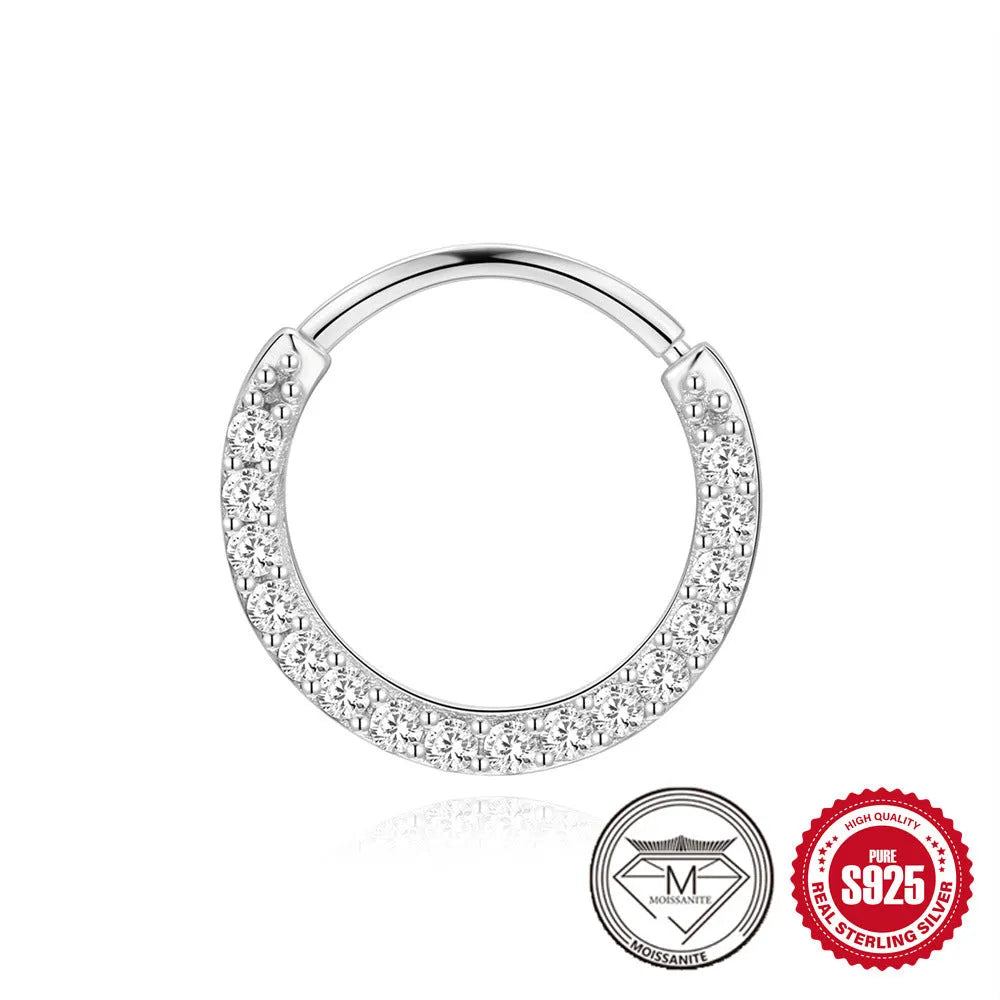 925 sterling silver geometric petal diamond stud earrings showing nose ring, triangle and circular styles
