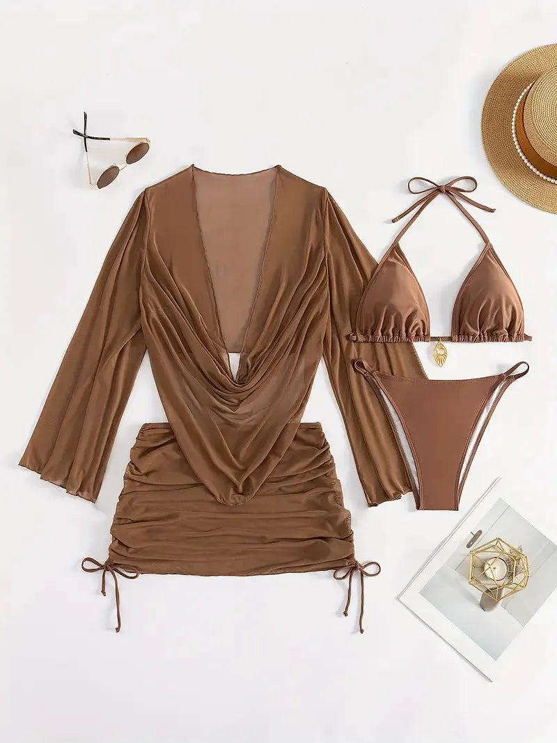 Dark brown lace-up bikini swimsuit set for women on a mannequin, showing backless design.