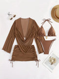 Dark brown lace-up bikini swimsuit set for women on a mannequin, showing backless design.