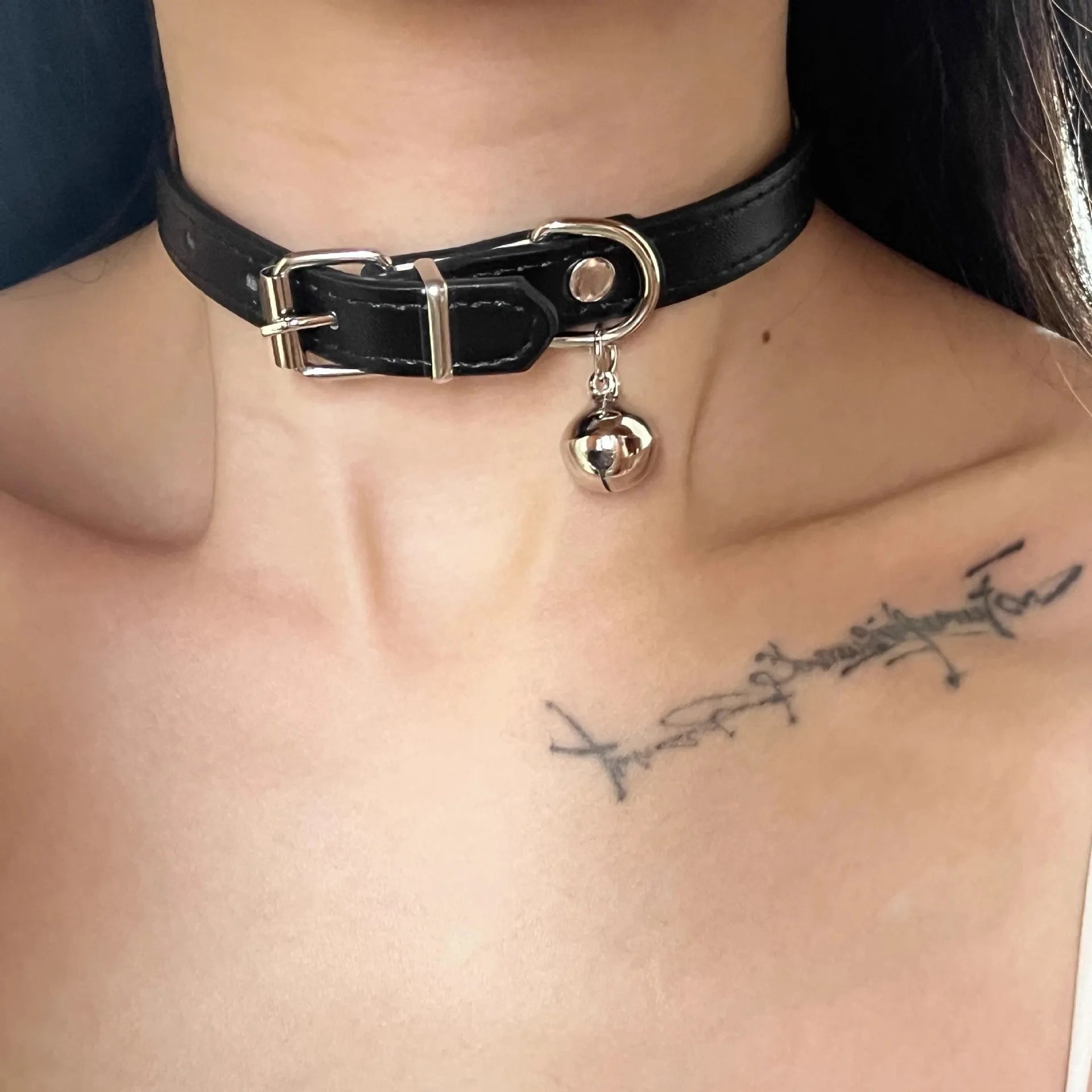 Black little bell shape choker neck band with adjustable fit, mixed material, three black colour options including LD leather