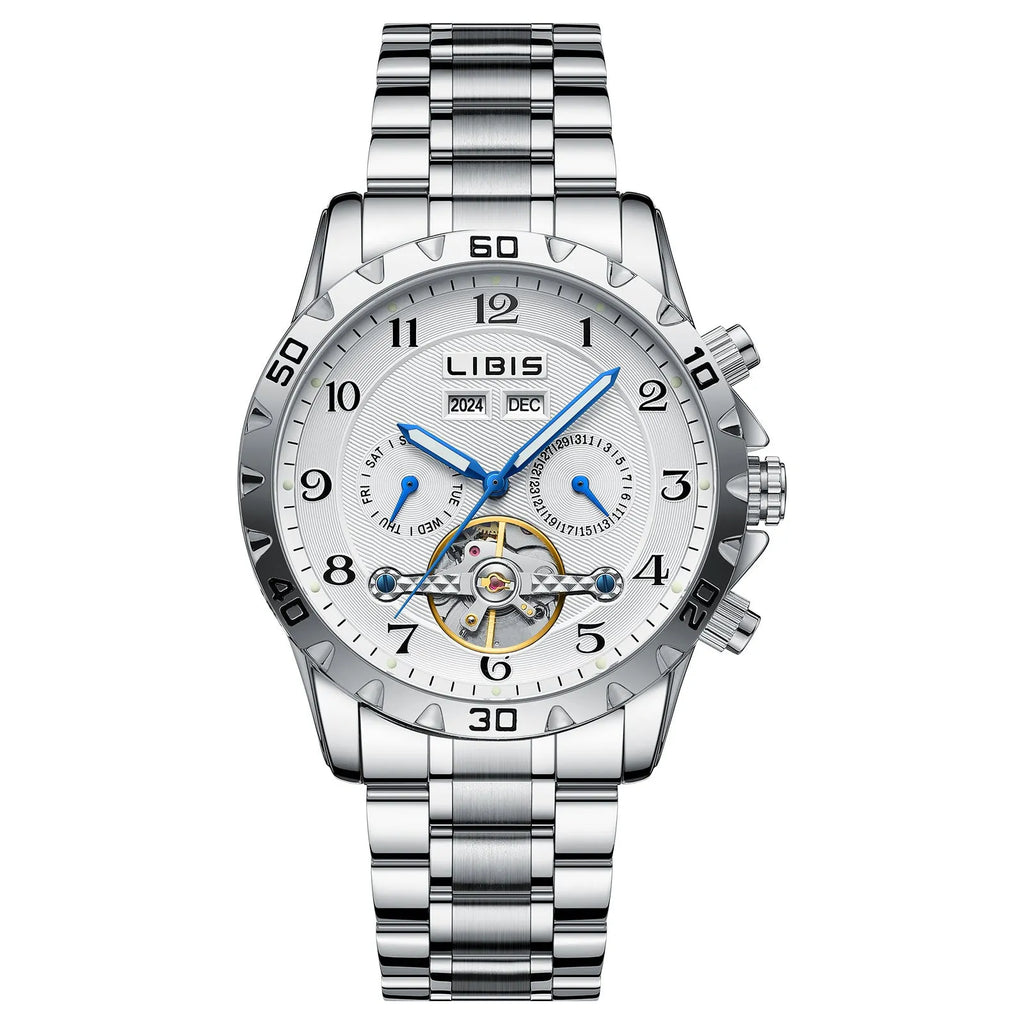 Silver stainless steel men's automatic perpetual calendar watch with sapphire glass on a wrist.