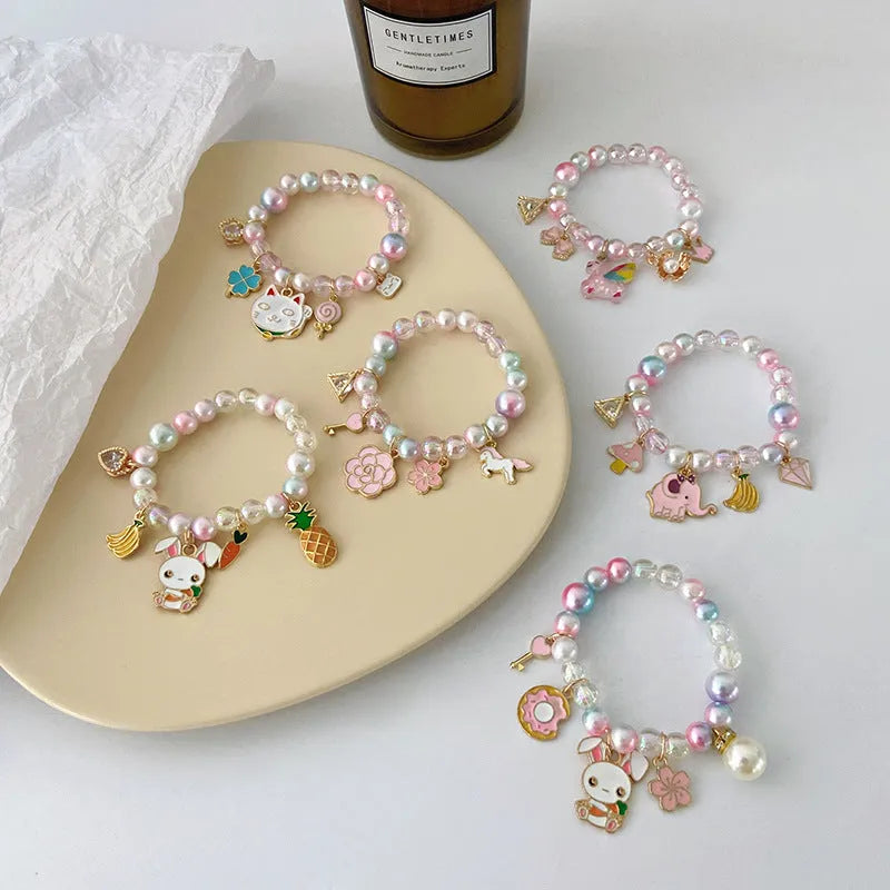 Children's cartoon pearl bracelet with gradient colour shell and alloy beads, cute cat style design