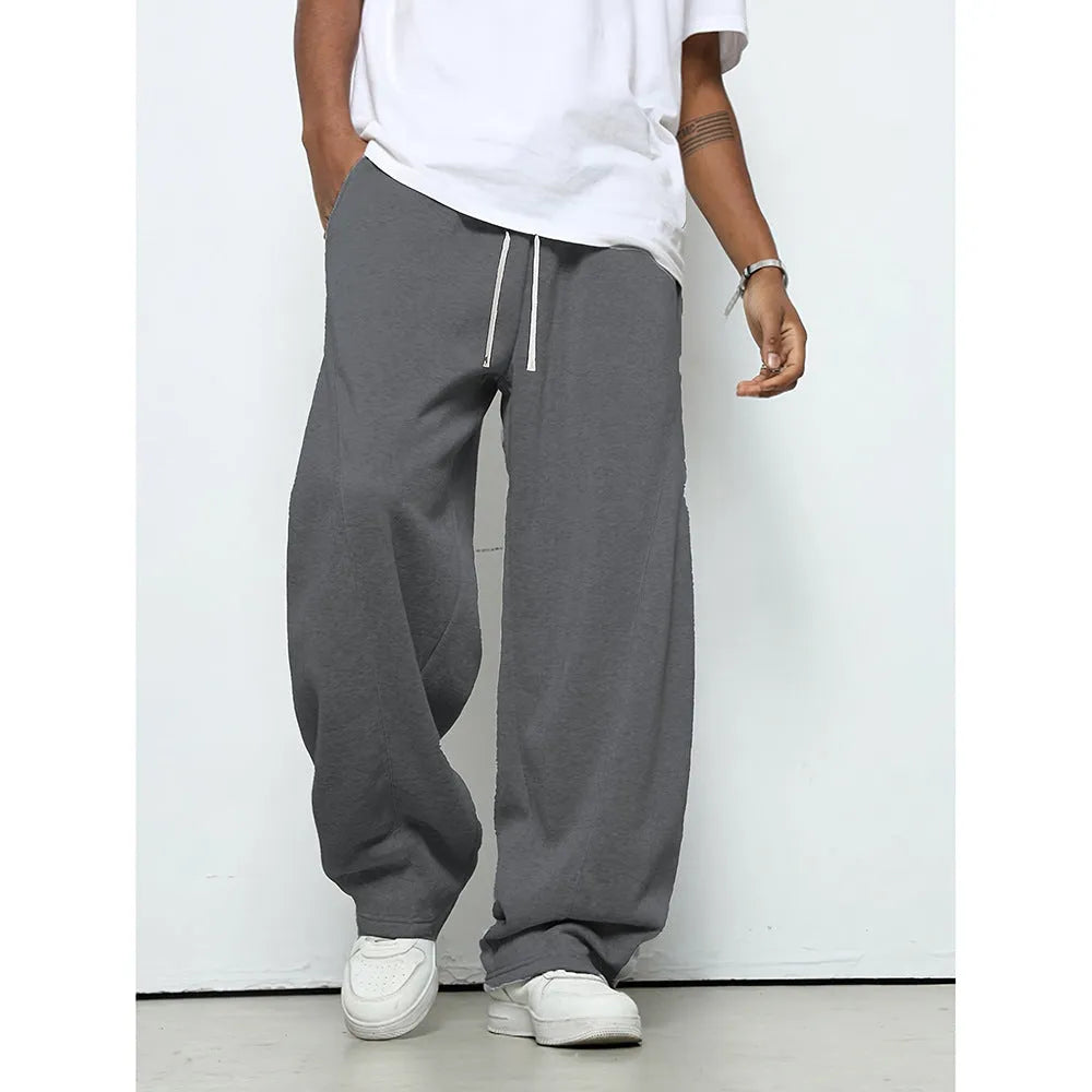 Men's casual straight leg trousers with micro-elastic waist in black, grey, and light grey options