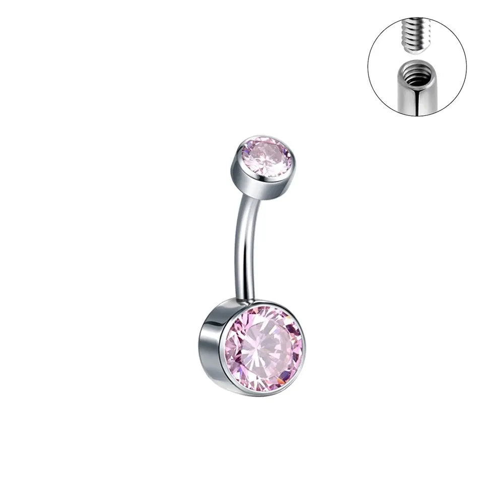 Titanium alloy navel stud with double zircon heads and internal thread in multiple colour options