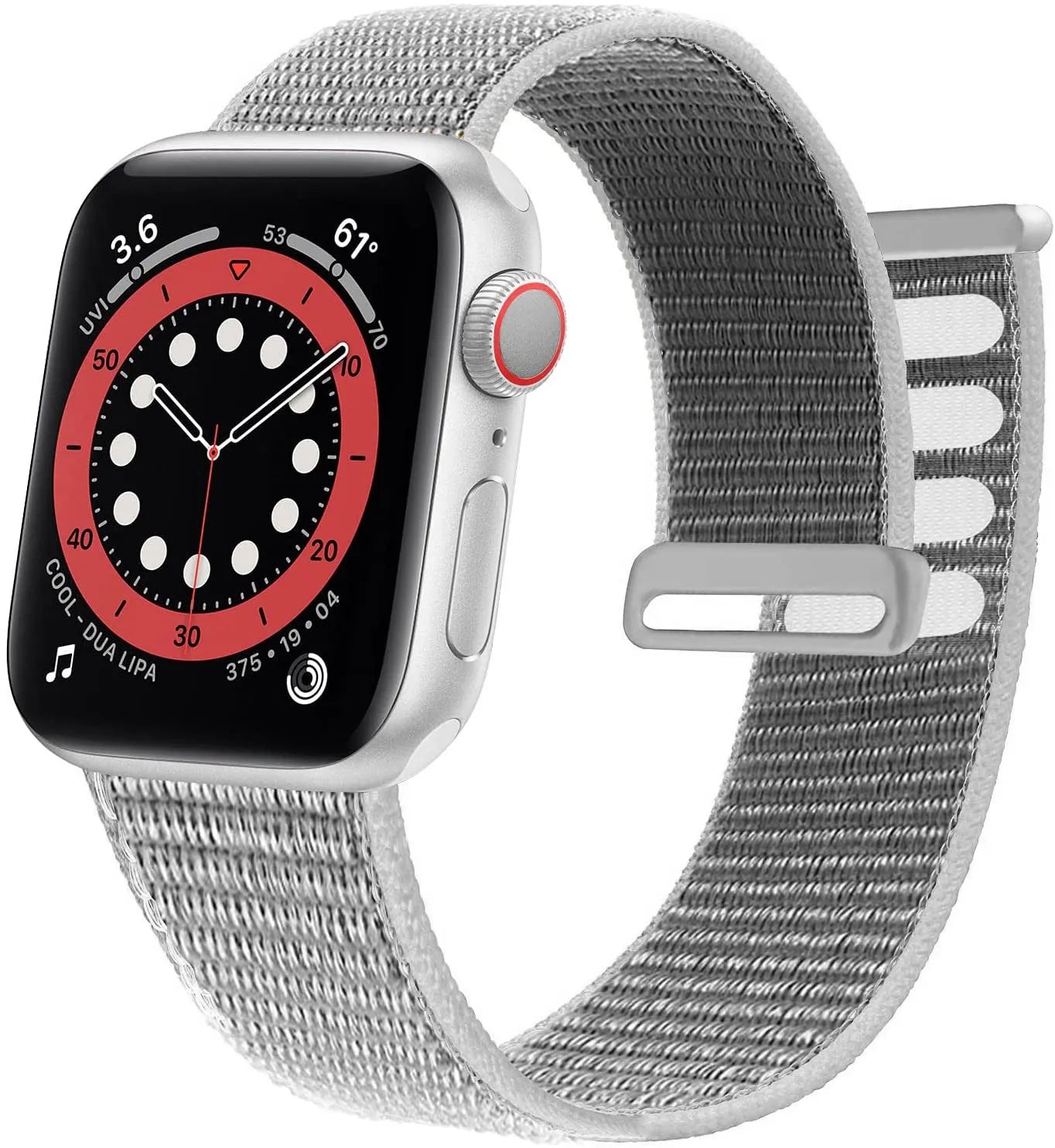 Woven nylon Apple Watch strap in multiple colours including reflective and rainbow patterns.