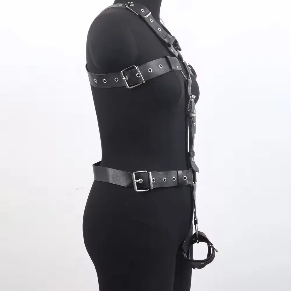 Black imitation leather waist trainer shapewear belt with pin buckle on a mannequin.