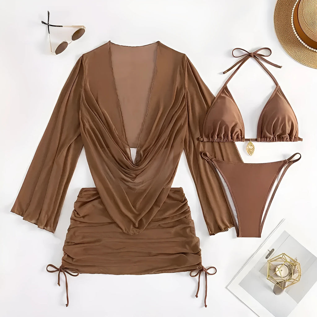 Dark brown lace-up bikini swimsuit set for women on a mannequin, showing backless design.