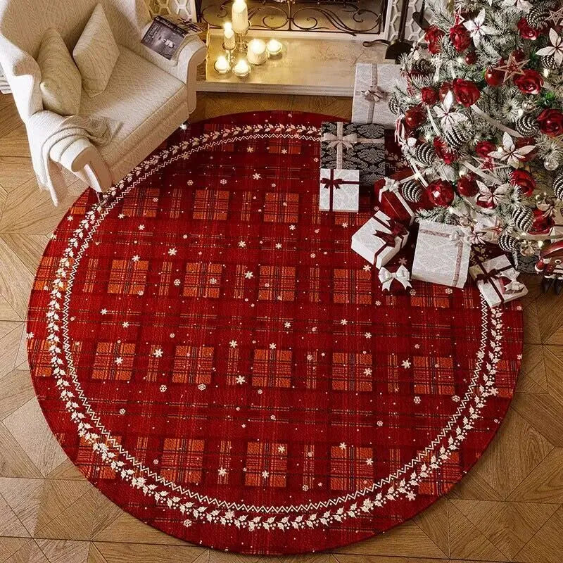 Round red Christmas floor mat with festive designs in polyester material on living room floor