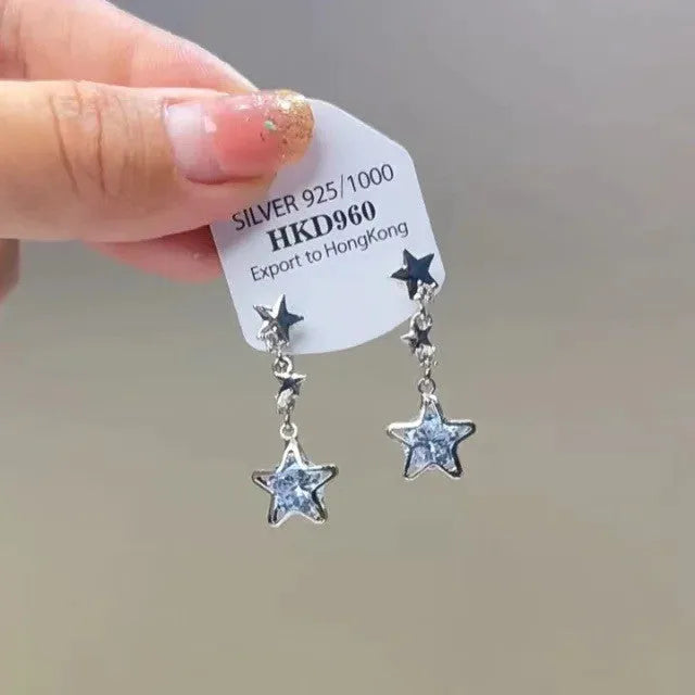 Light luxury alloy ear clip with rhinestone little stars and tassel, love/heart geometric shape, fresh style, electroplated finish
