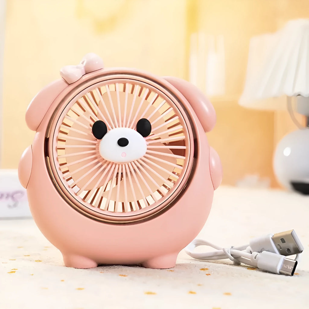 Small plastic desktop electric fan in a choice of six colours, including puppy-themed options, with USB cable.