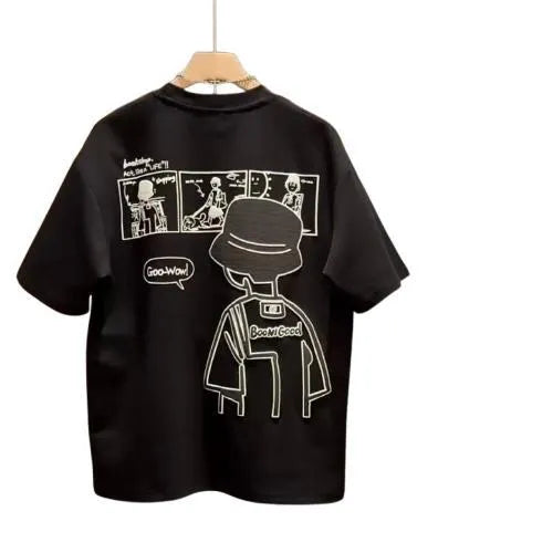 Man wearing a black slim fit pure cotton t-shirt with a simple cartoon print design on the front.