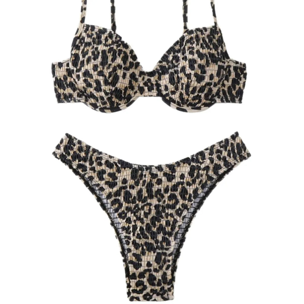 Women's backless leopard print bikini in brown mixed colour on a mannequin