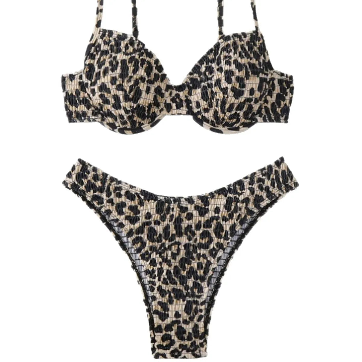 Women's backless leopard print bikini in brown mixed colour on a mannequin