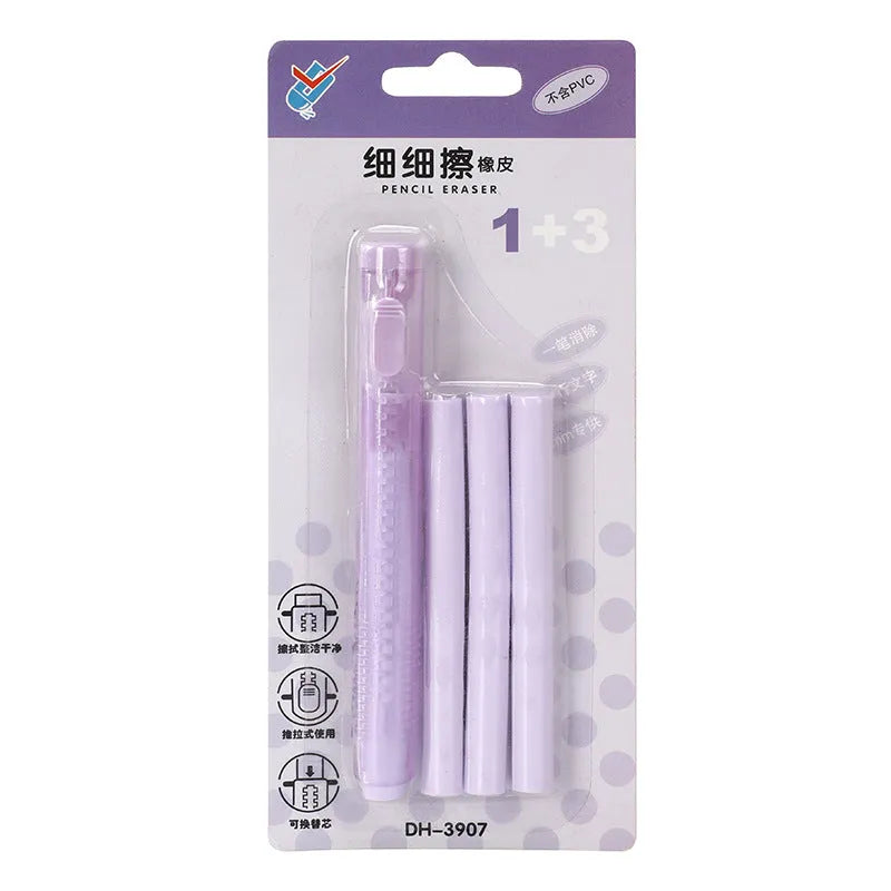 Push-type traceless automatic eraser for children in blue, green, pink, and purple colours.