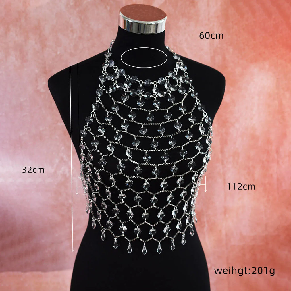 Transparent acrylic crystal sequins body chain chest necklace jewellery in hand-woven construction
