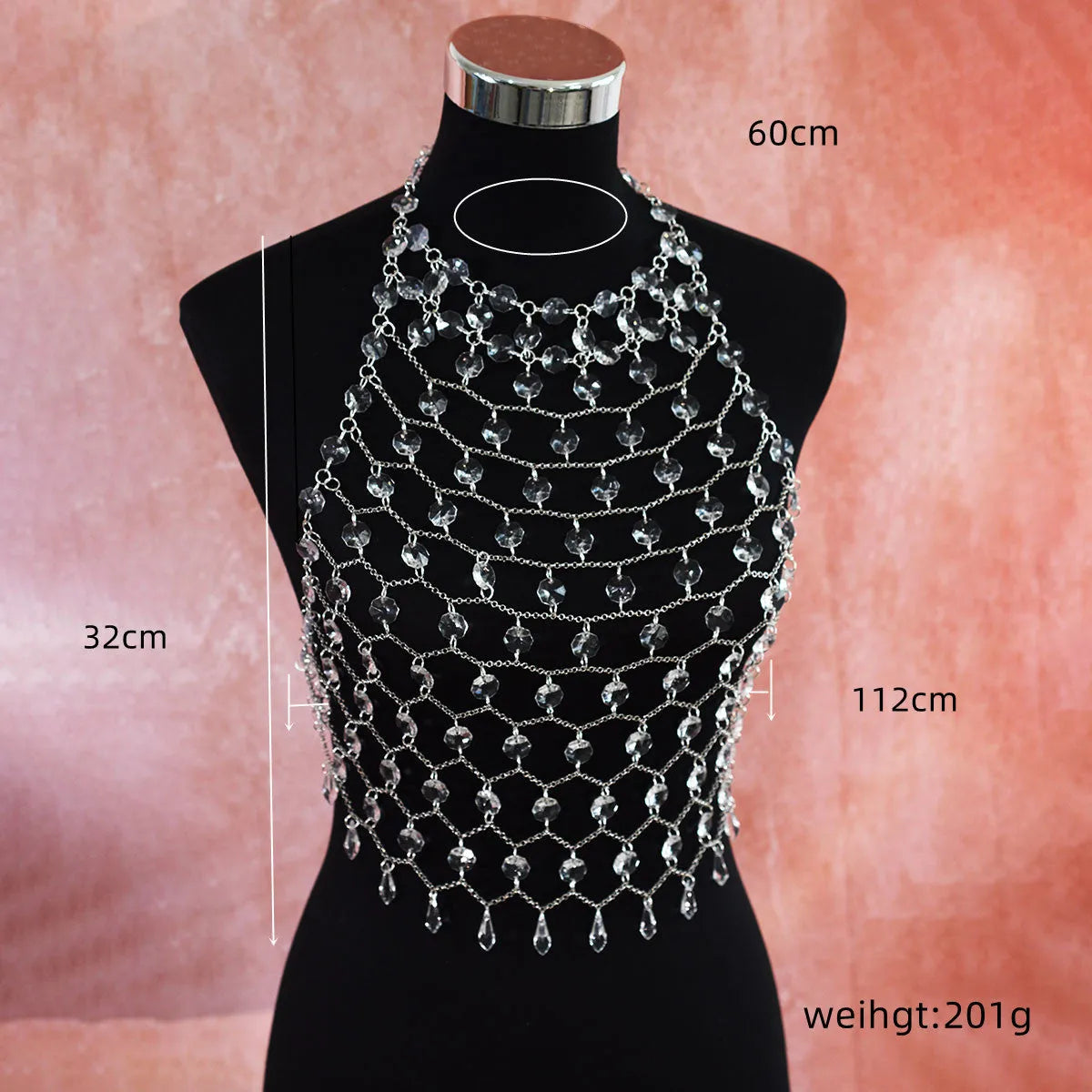Transparent acrylic crystal sequins body chain chest necklace jewellery in hand-woven construction