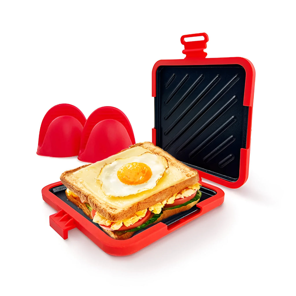 Red silicone baking tray with integrated anti-scald handbag grips and matching oven gloves