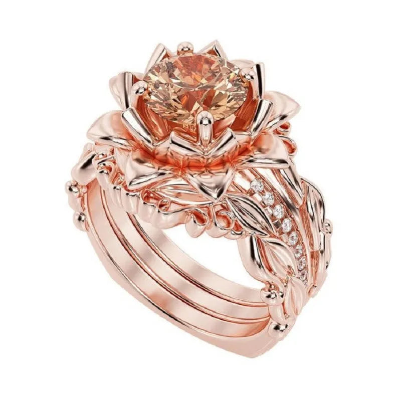 Women's rose inlaid zircon ring in geometric shape with floral elements on finger