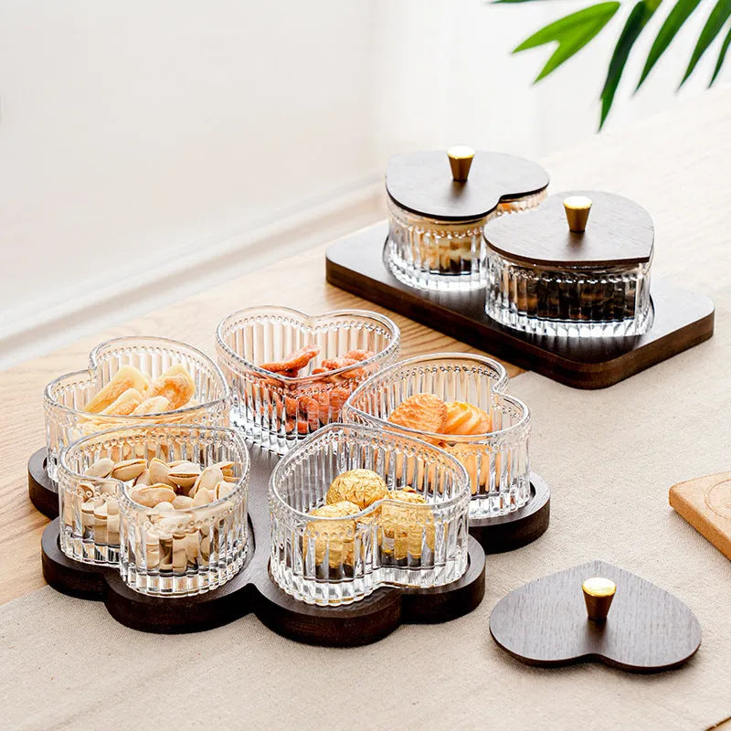Glass fruit snack platter set with transparent heart-shaped bowl lid in retro style