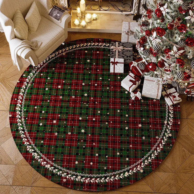 Round red Christmas floor mat with festive designs in polyester material on living room floor