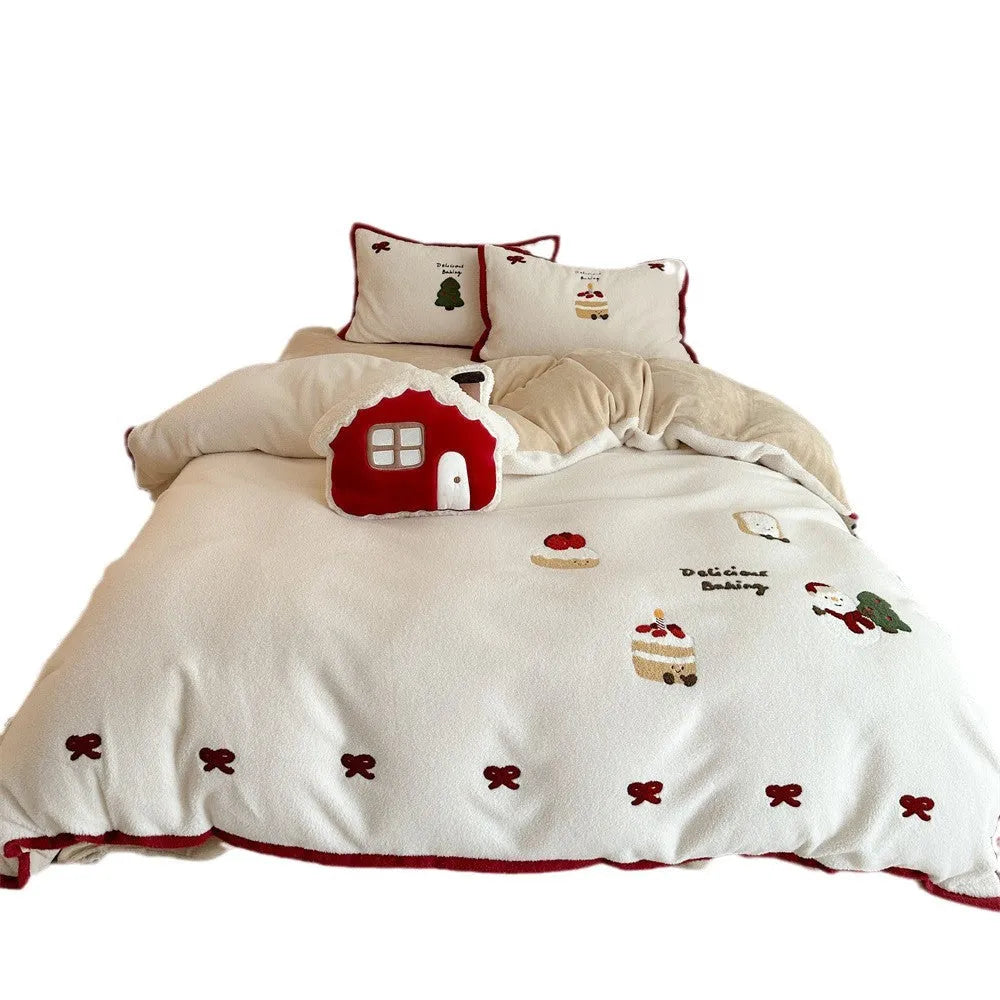 Cartoon winter Christmas themed bedding four-piece set including duvet cover, bed sheet, and two pillowcases made from polyester.